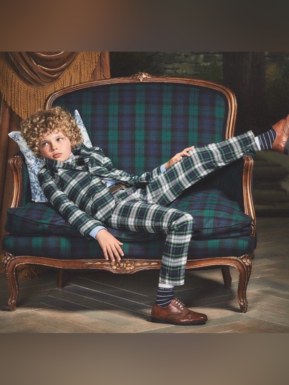 Janie and Jack Green & Blue Plaid Vest and Trousers/Pants Sz:12-18 months